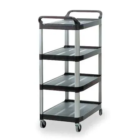 Black plastic utility cart with four lipped shelves and raised handles