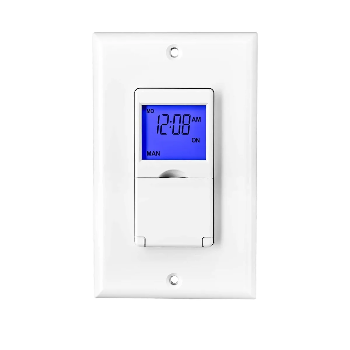 Rectangular white wall timer with backlit display and push buttons