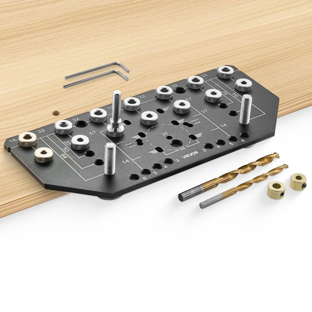 VEVOR VEVOR Shelf Pin &amp; Hinge Jig Two-in-One Aluminum Alloy 16 32 37 50 64 mm Spacing 1/4" Drill Bits — product photo