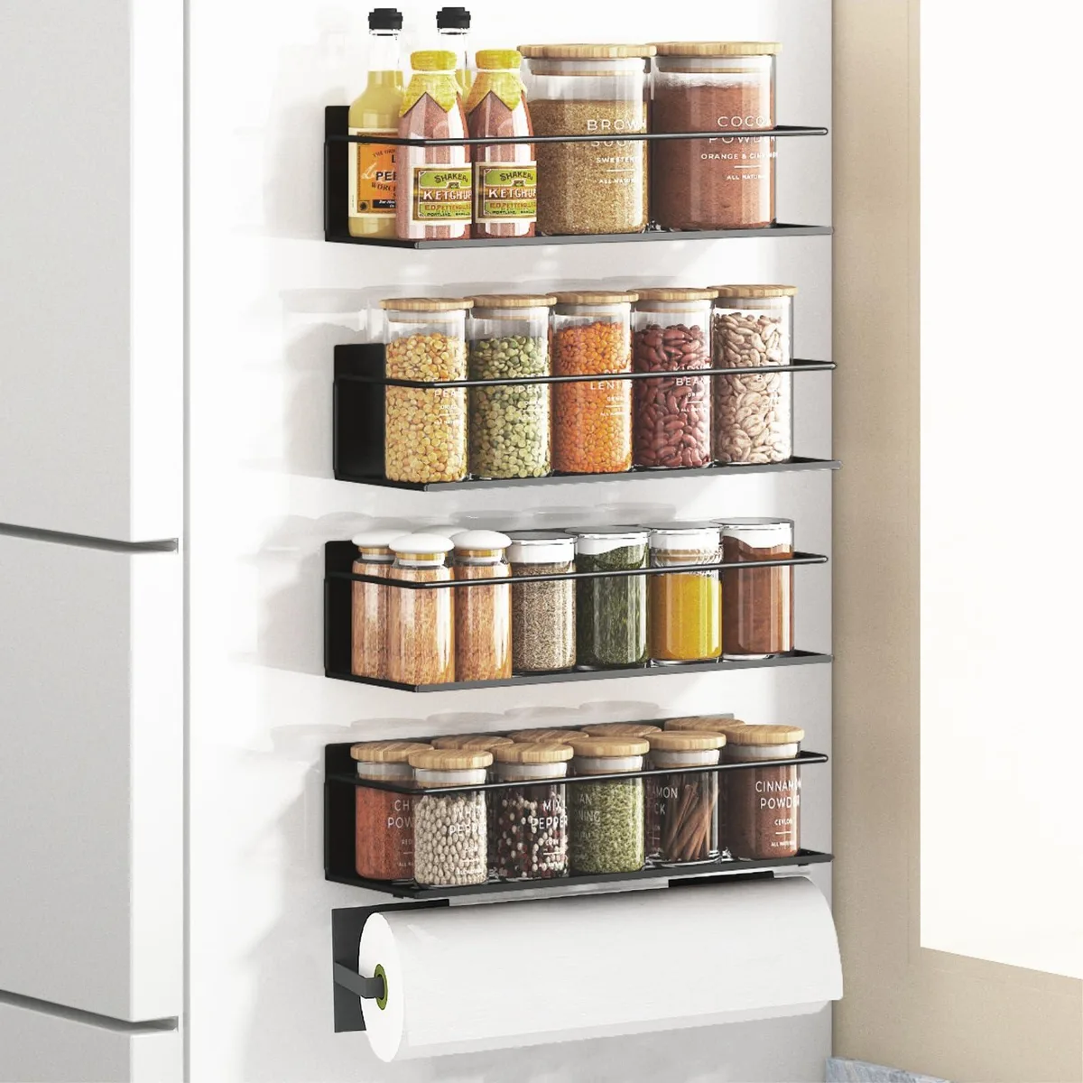 Six-piece red magnetic fridge set: four spice racks, two paper towel holders
