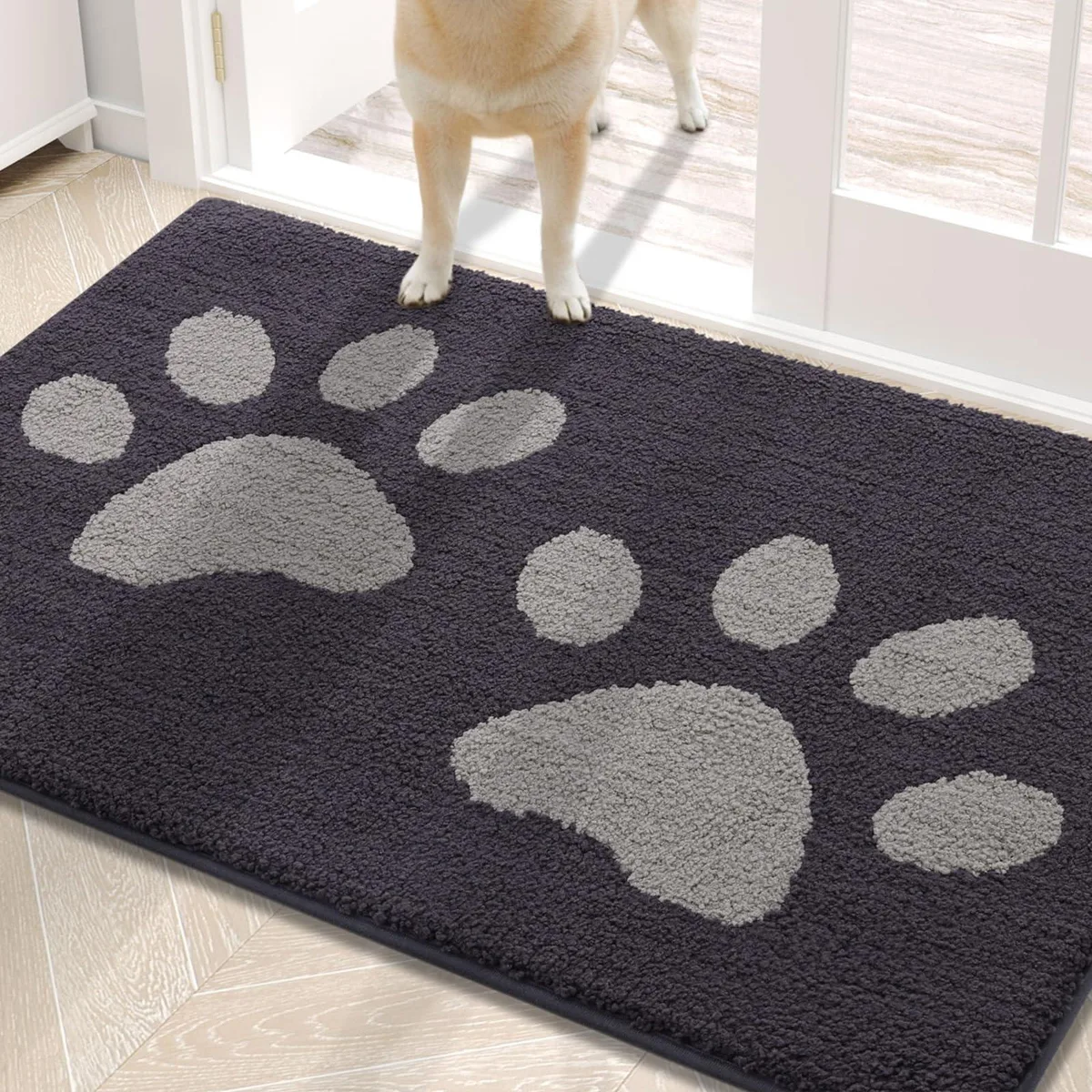 Dark grey rectangular doormat with double paw pattern, low-profile microfiber pile, non-slip backing
