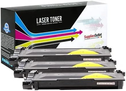 Three rectangular black toner cartridges in clear plastic packaging