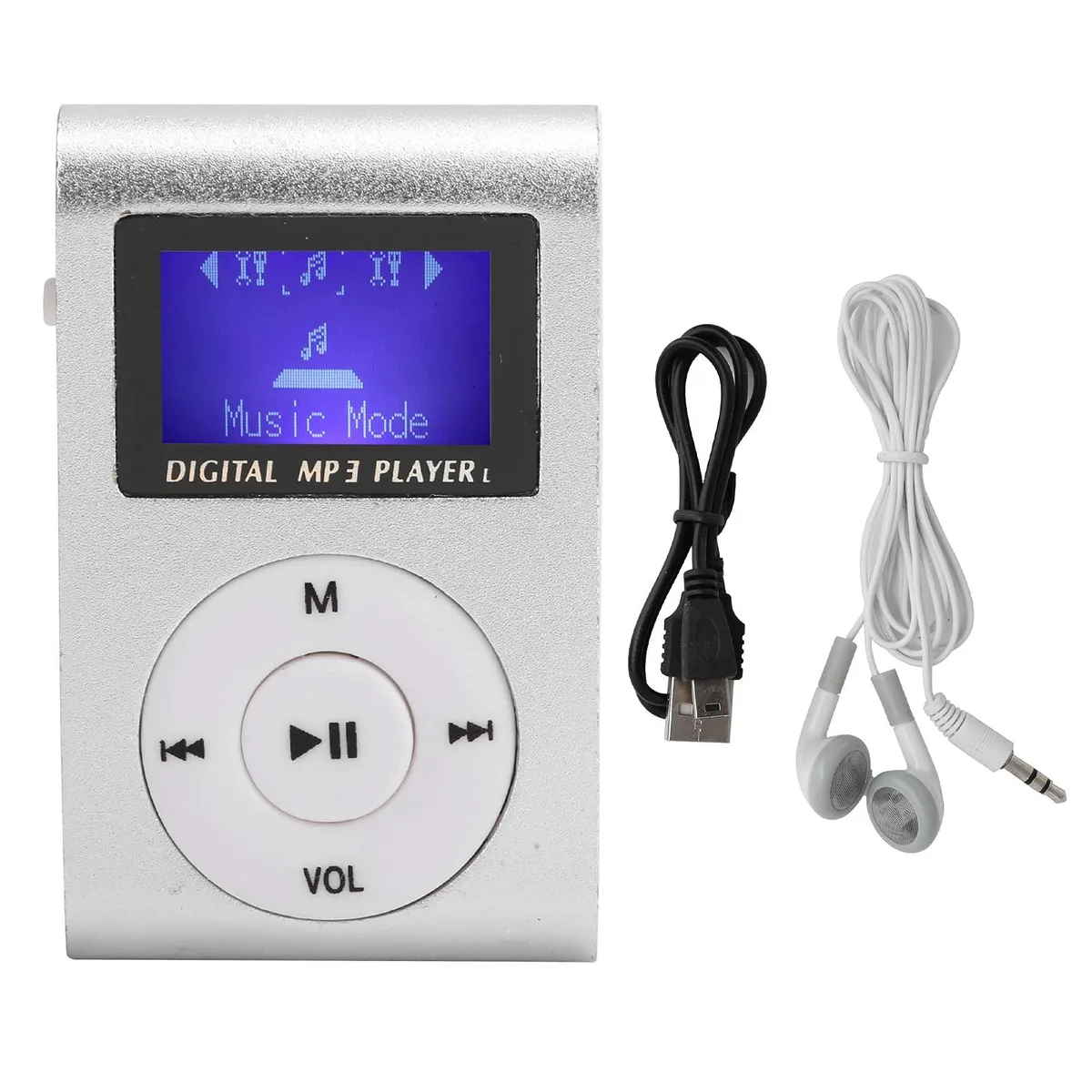SALALIS mini mp3 music player Silver 32GB 1.7oz 250mAh clip LCD — product photo