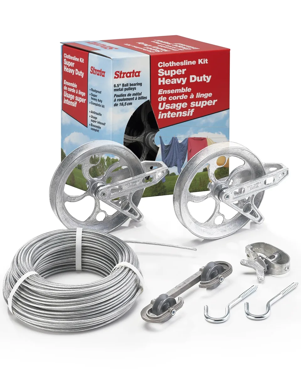 Silver PVC-coated galvanized steel clothesline kit with pulleys, winch, spacer and hooks