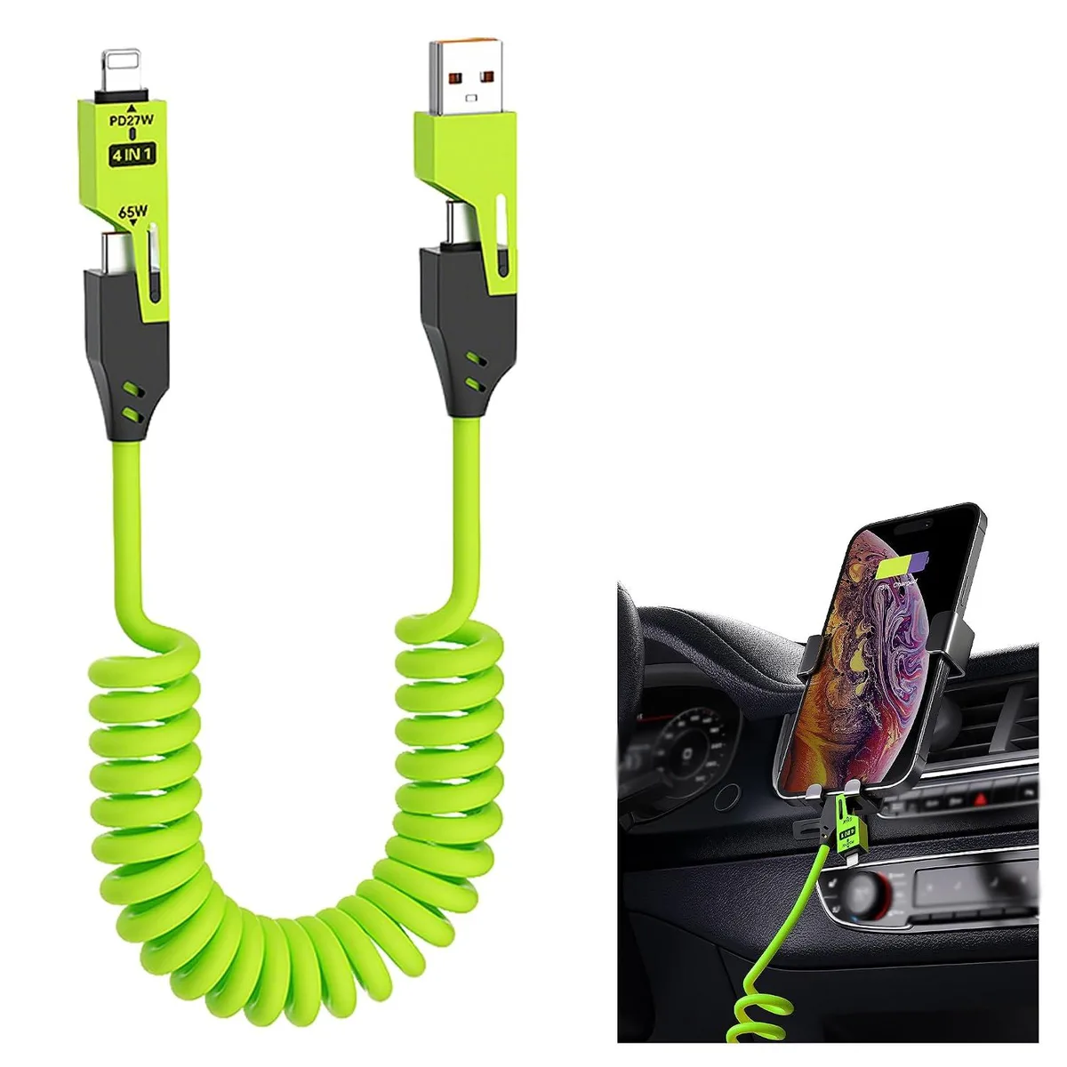 Mobee Mobee 4-in-1 Spring Fast Charging Cable 4-Foot 65W Green — product photo