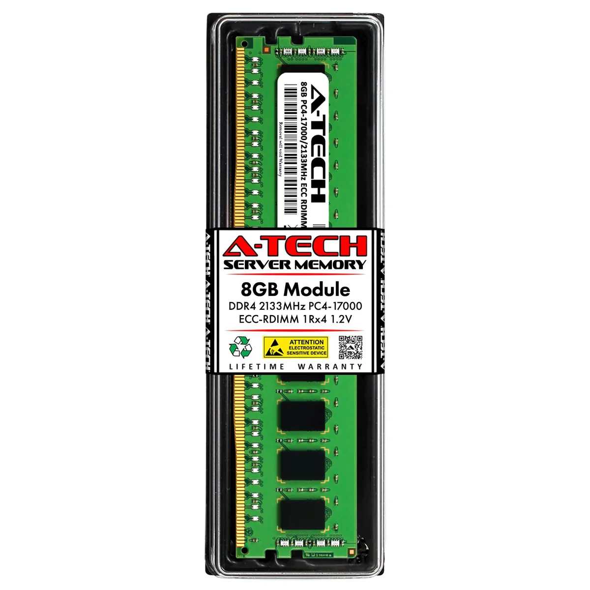 Green rectangular DDR4 DIMM with black chips and gold contacts