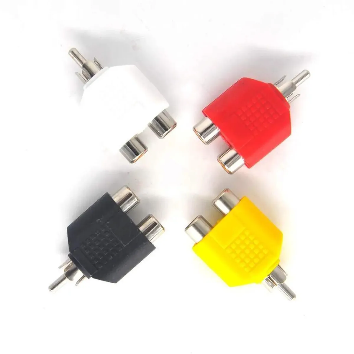 Four black RCA Y-splitters, one male to two female connectors