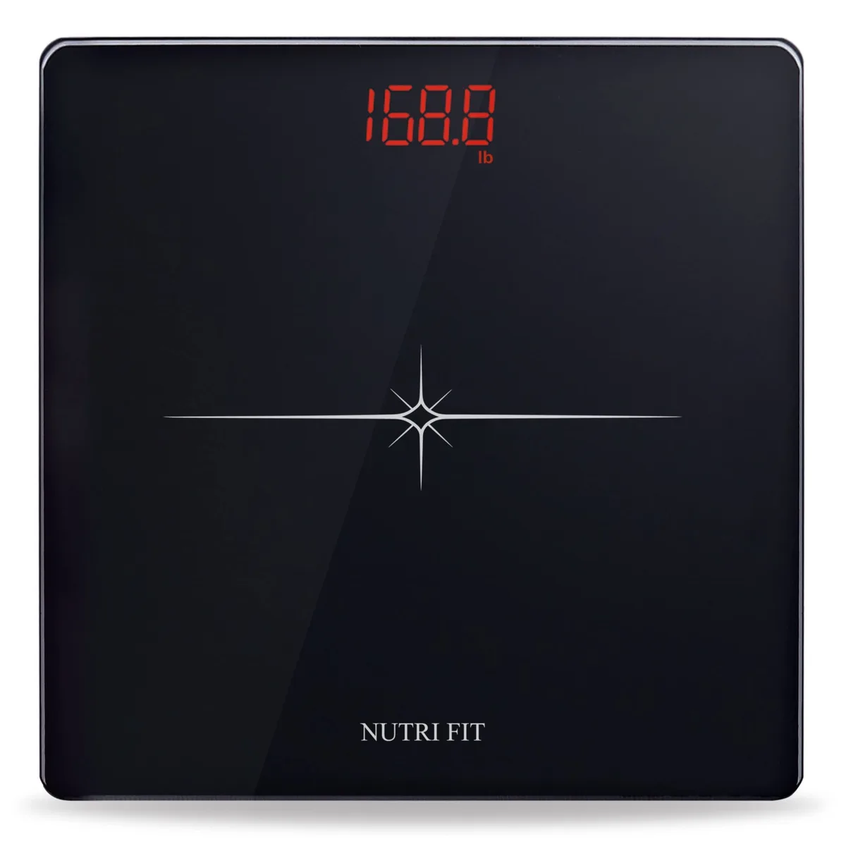 Black square digital bathroom scale with rounded corners, tempered glass surface, LED display, 10.2 inch platform