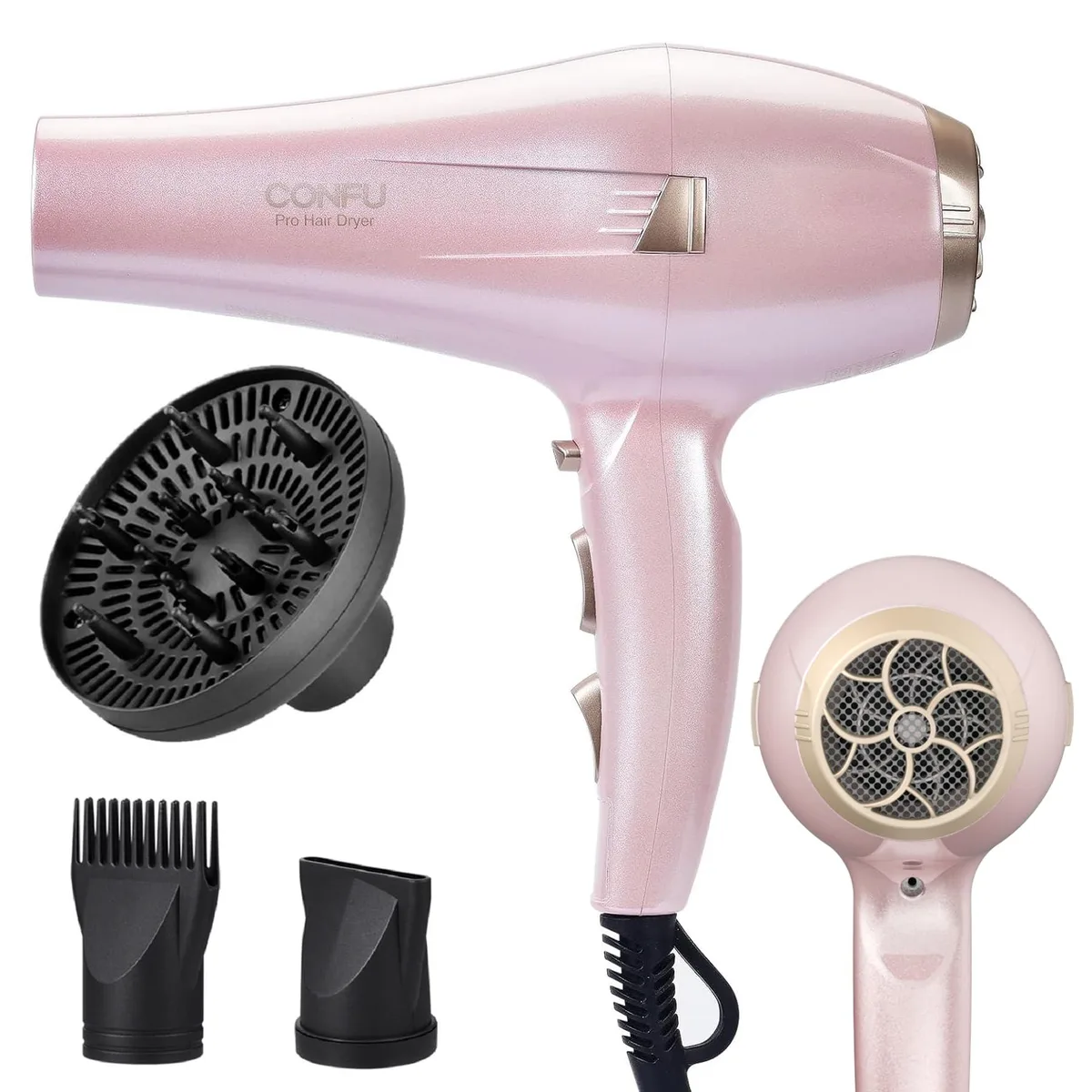 Pink hair dryer with diffuser and concentrator nozzles, compact cylindrical body, matte finish