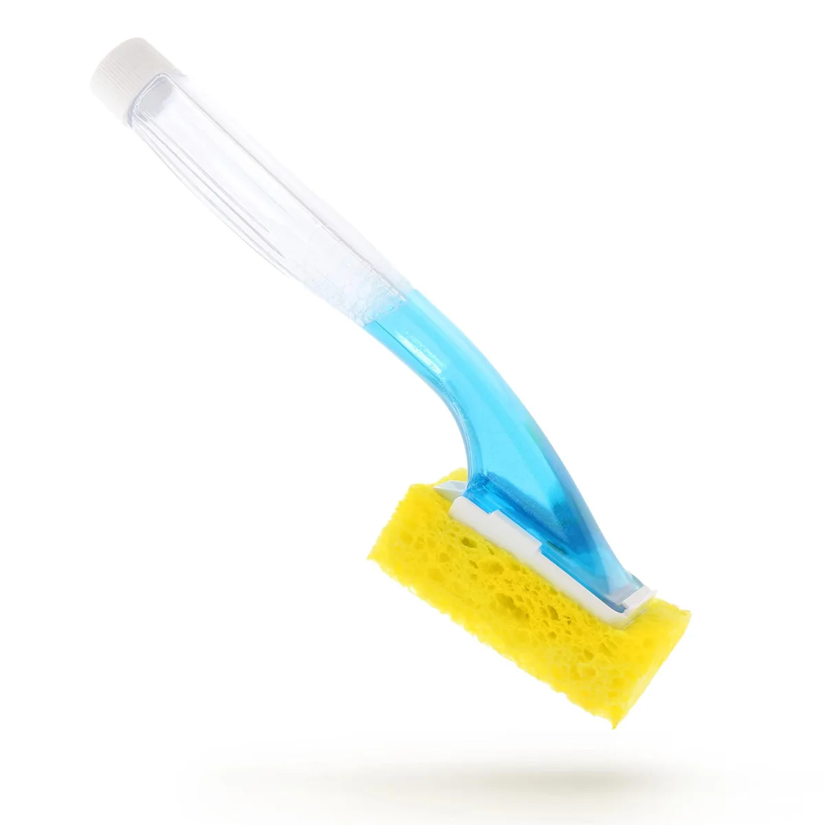 White plastic dish wand with soap-dispensing handle and attached scrubber sponge head