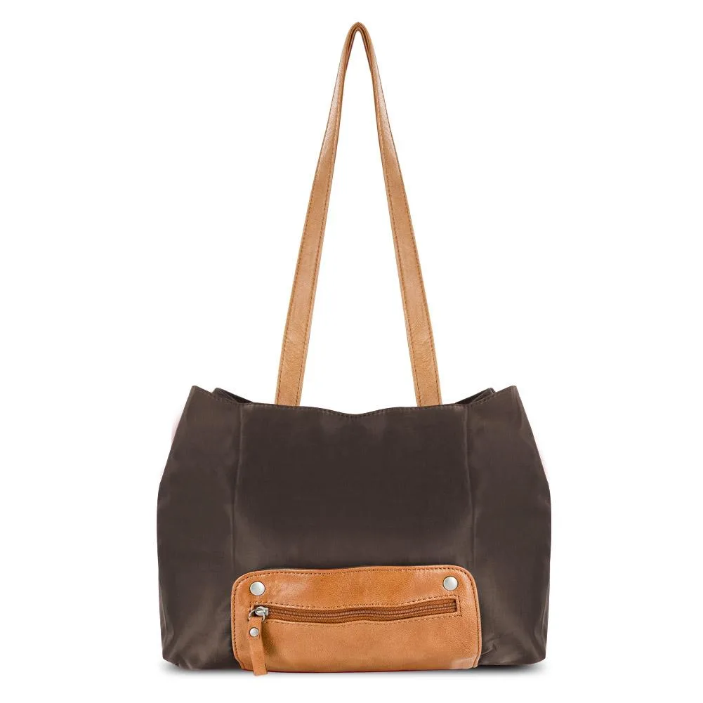 Brown nylon mini tote with leather trim, dual handles, snap closure, folds flat