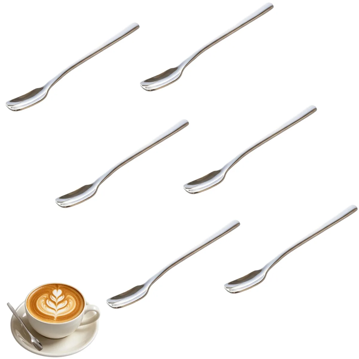 Six silver stainless steel espresso spoons, 3.94 inches long, mirror-polished finish