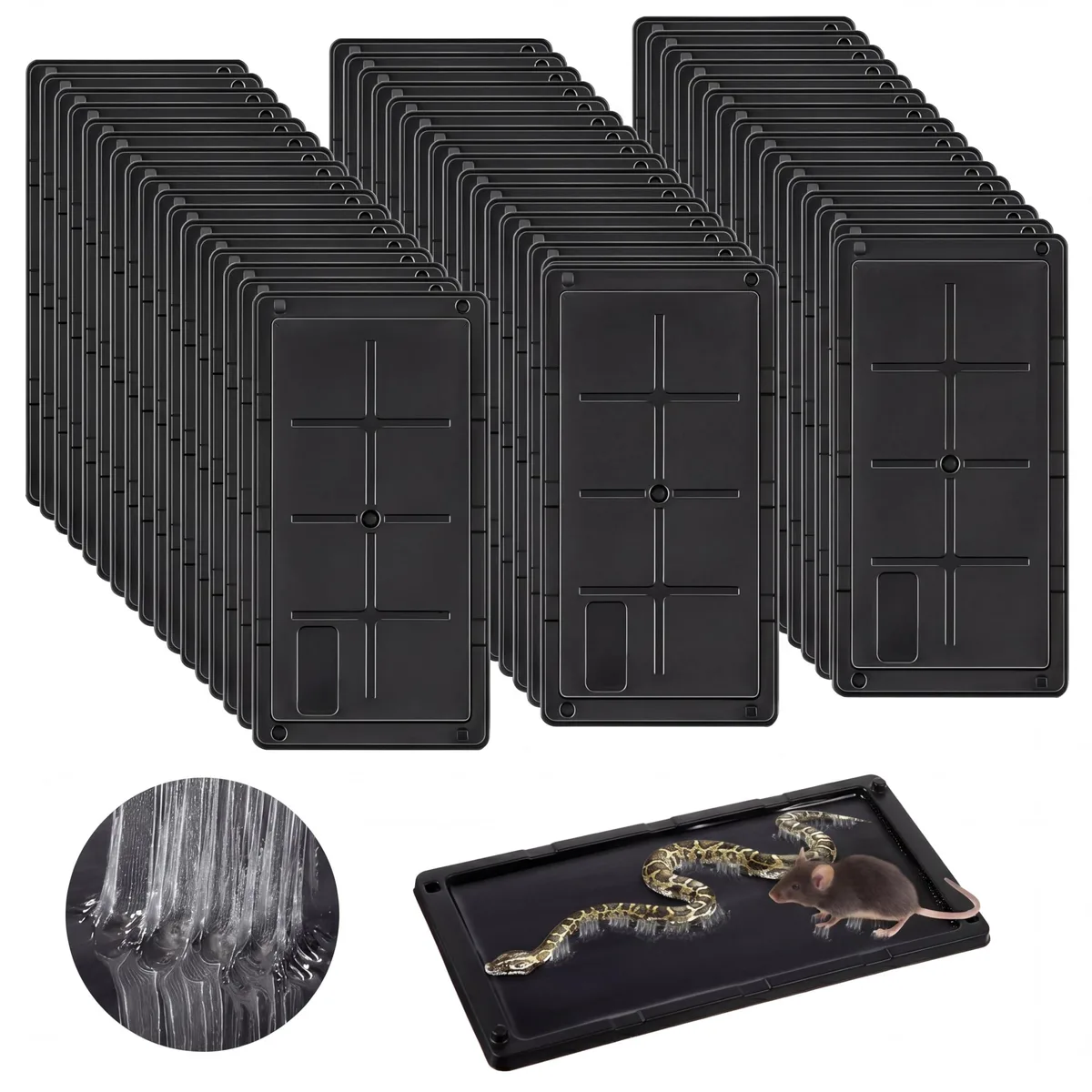 Black rectangular glue trap board with peanut-scented adhesive surface