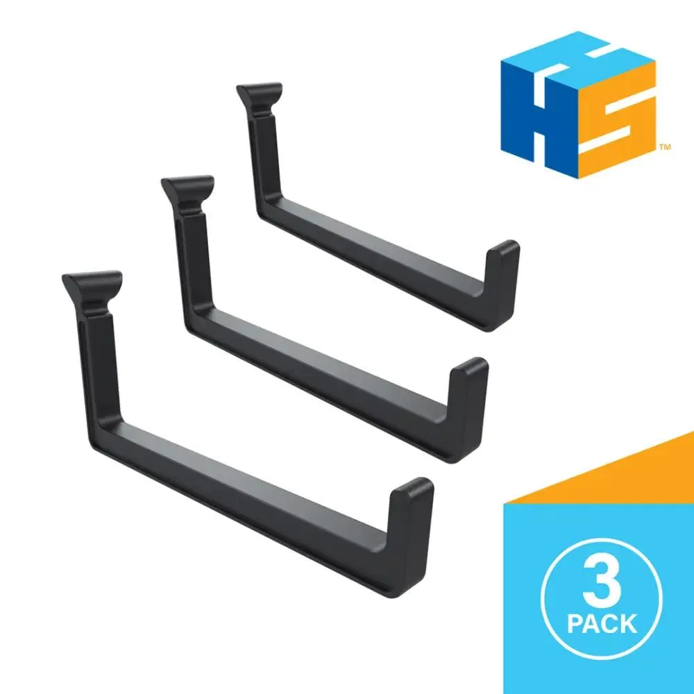 Three black L-shaped plastic hooks on a rail