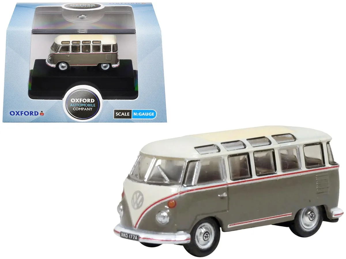 Oxford Diecast Oxford Diecast Volkswagen T1 Samba Bus Mouse Grey Pearl White Red Stripes 1/148 Scale Hobby Collectible — product photo