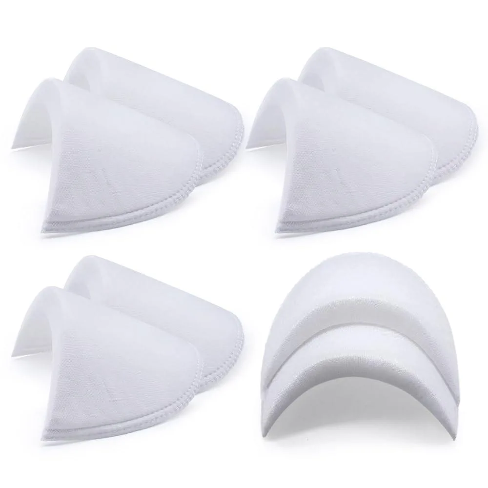 Four pairs of white covered shoulder pads, 1.8 cm thick foam rectangles with curved edges