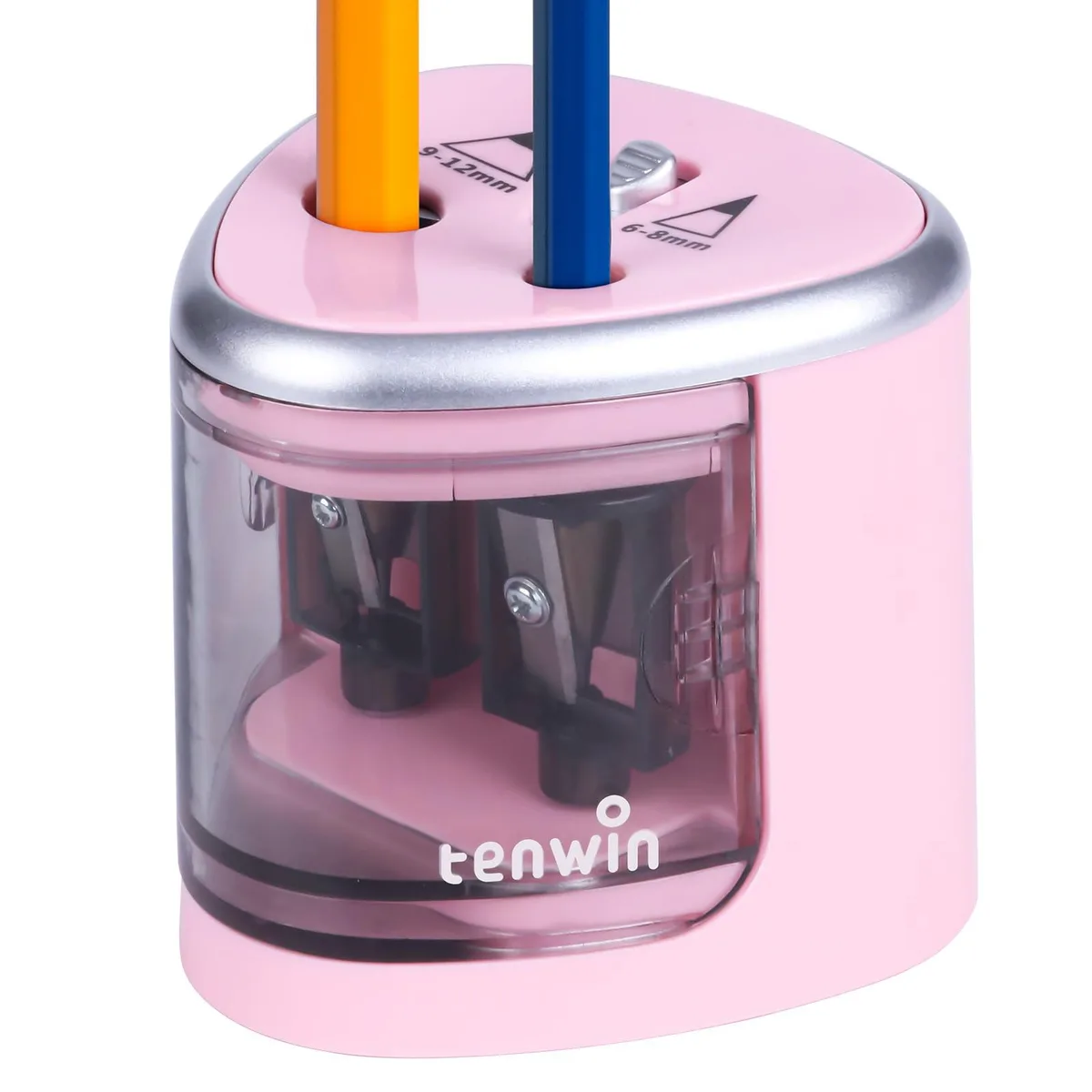 Pink plastic battery-powered pencil sharpener with dual holes