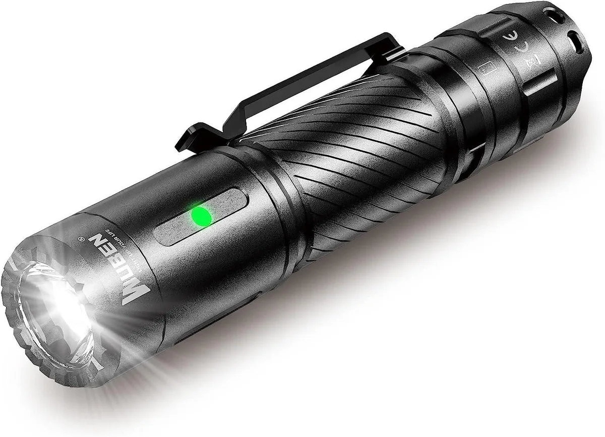 Compact aluminium flashlight with textured grip, Type-C port and distinctive bezel