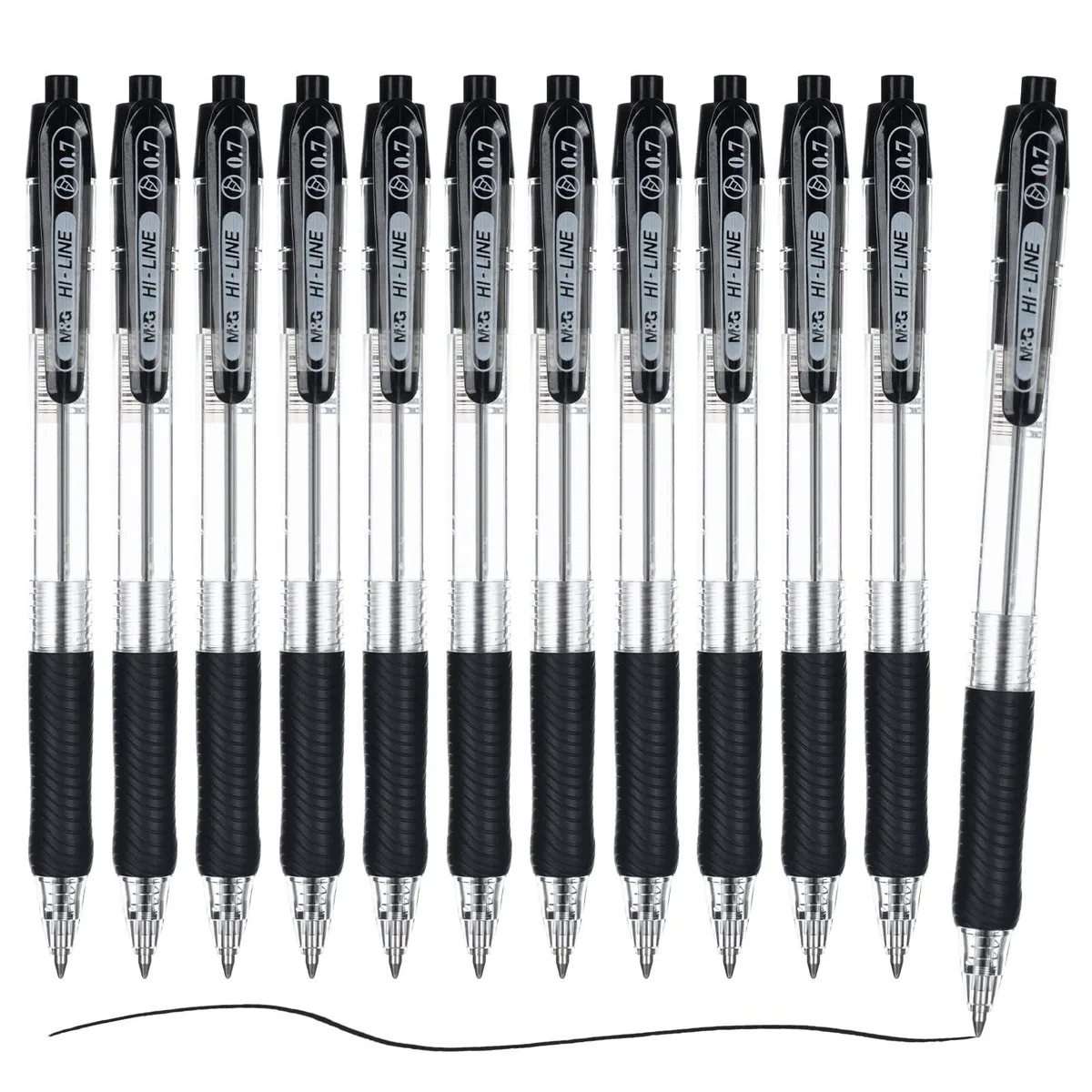 Twelve blue retractable ballpoint pens with soft grips and clips