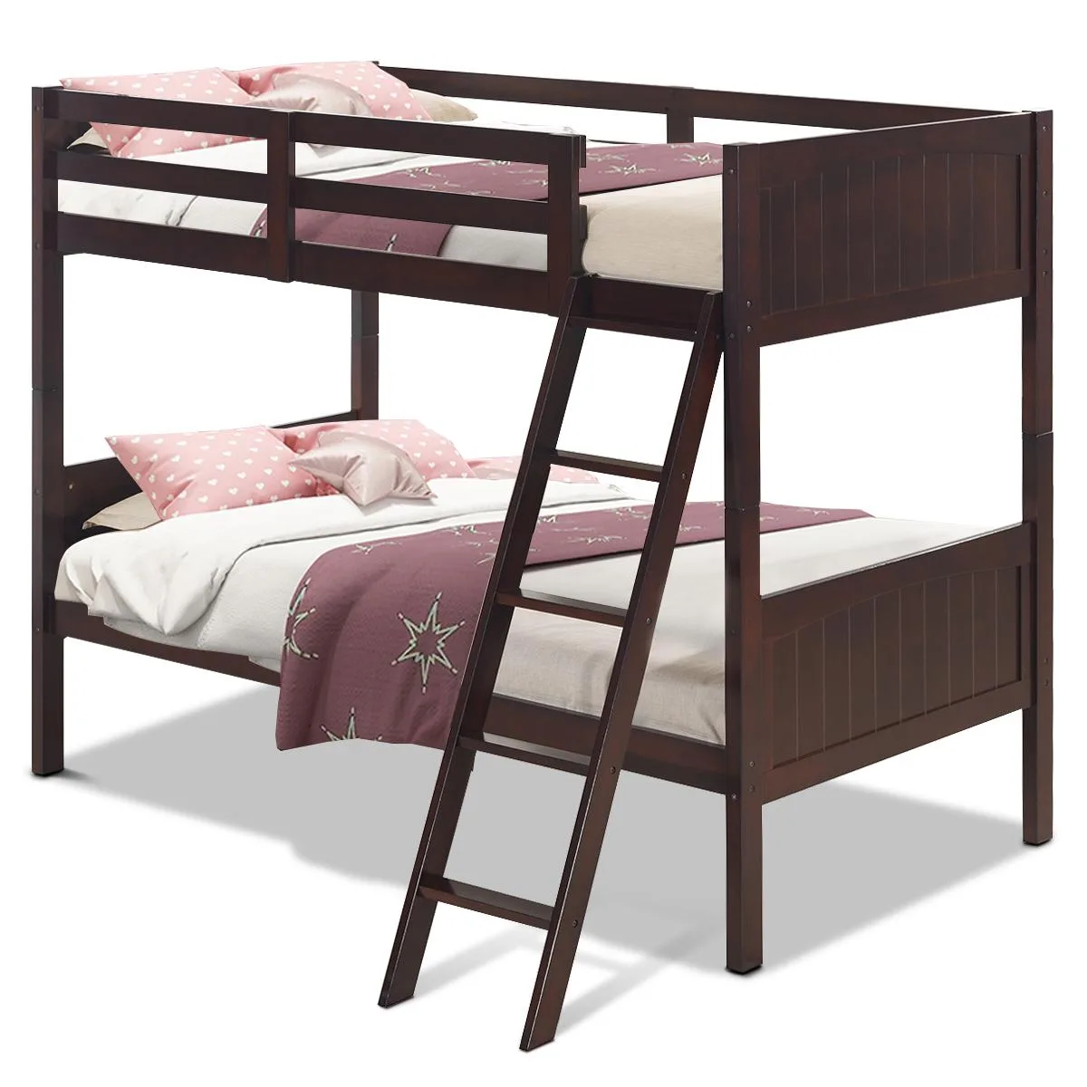 Espresso-finished wooden twin-over-twin bunk bed with guardrails and four-step ladder