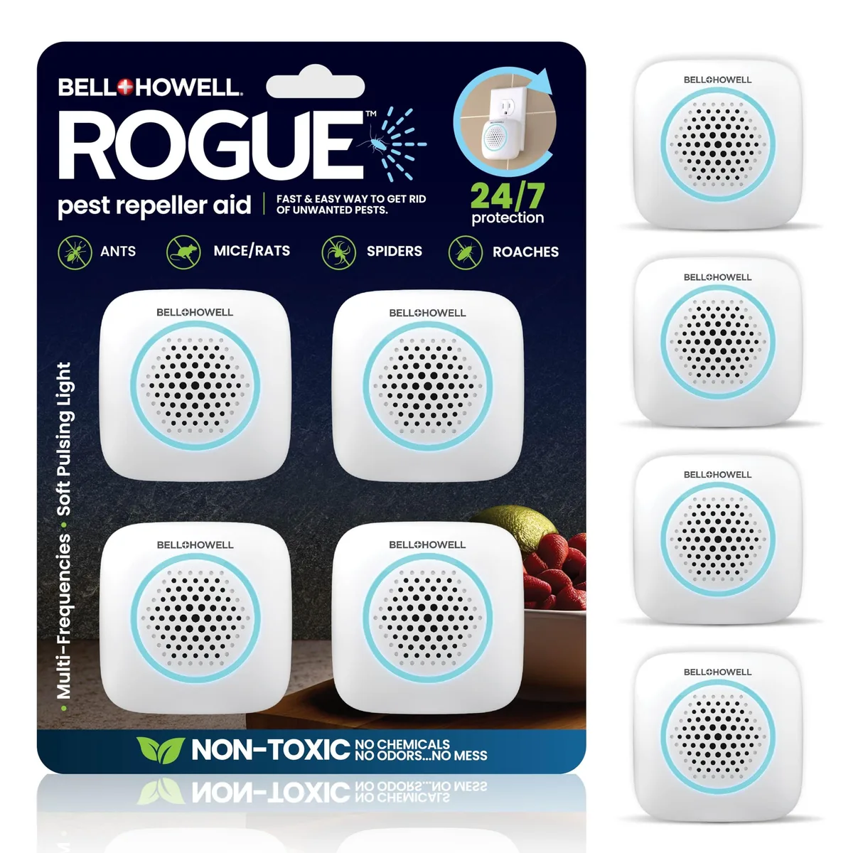 Four small white plug-in units with rounded edges