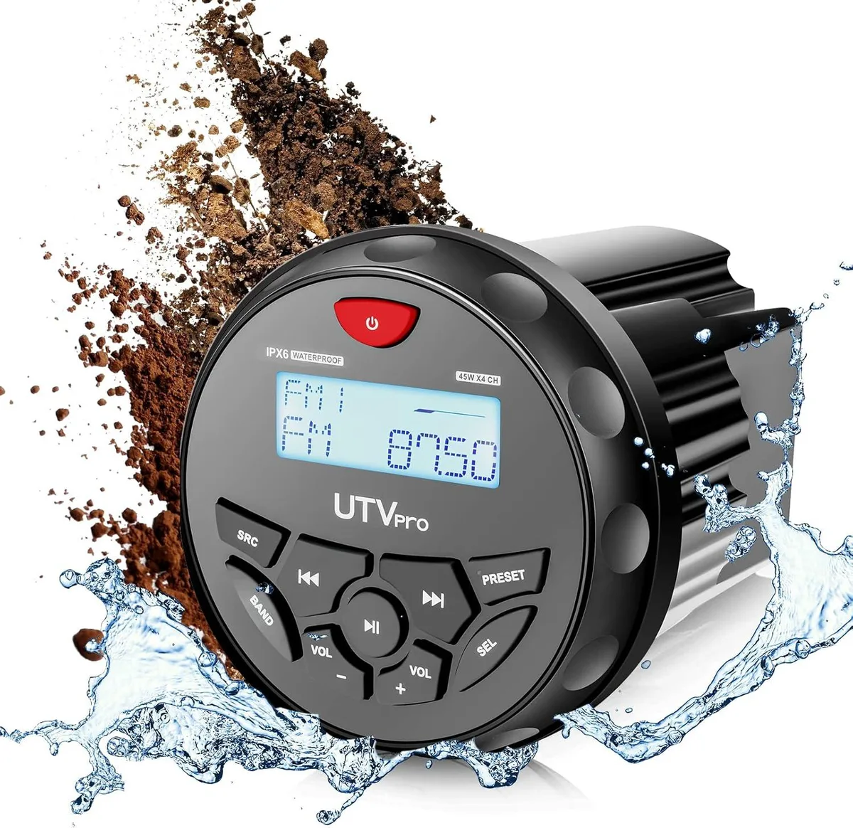 Compact marine stereo with UV-coated plastic face and gauge-style cutout