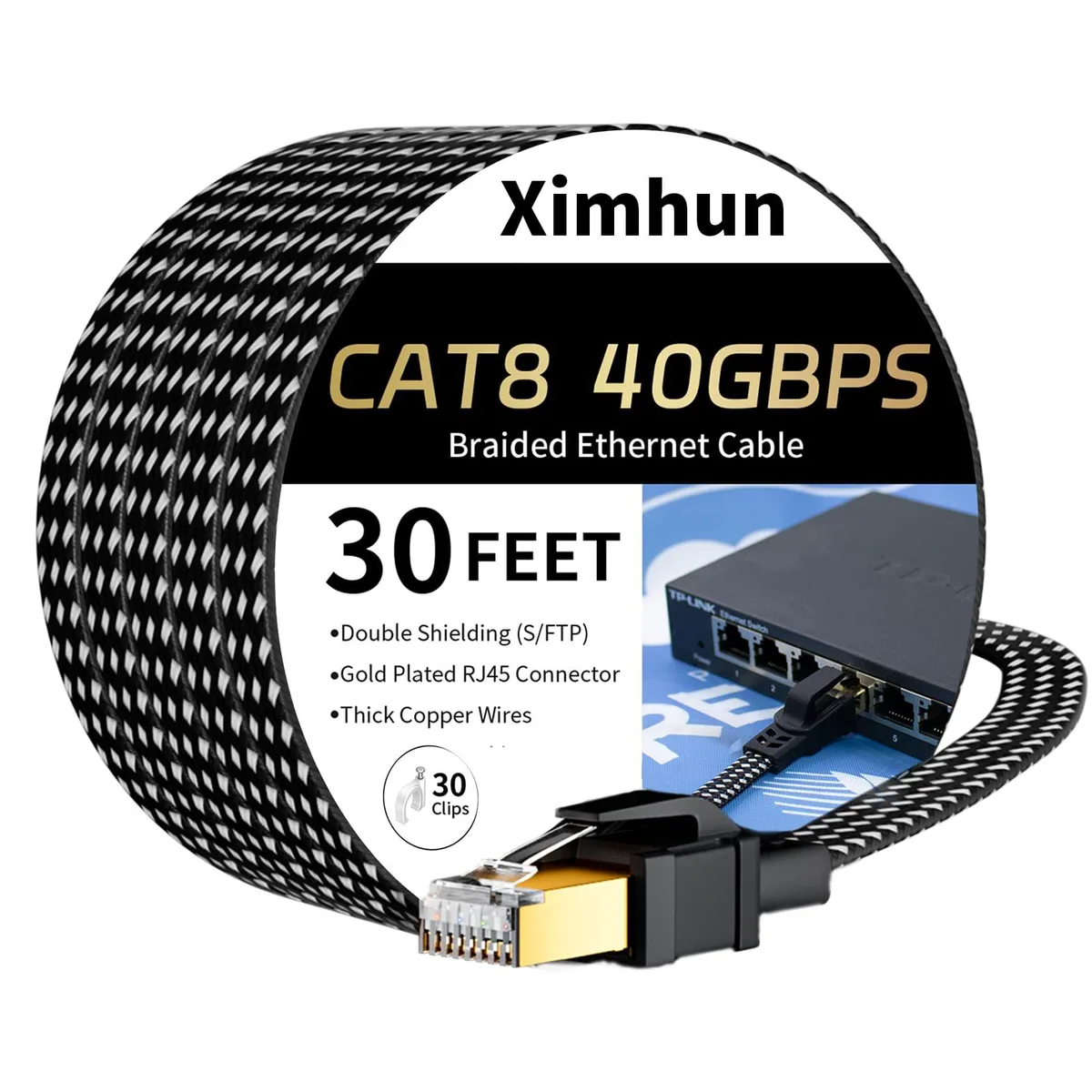 Black braided Cat 8 Ethernet cable with RJ45 connectors 30FT