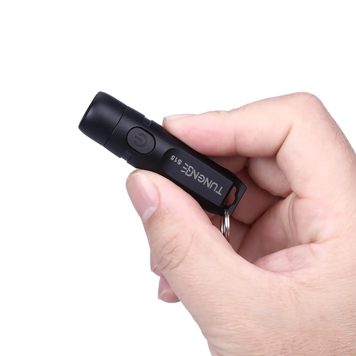 Black rectangular aluminum keychain flashlight with clip, USB-C port, 2.36 by .63 inches