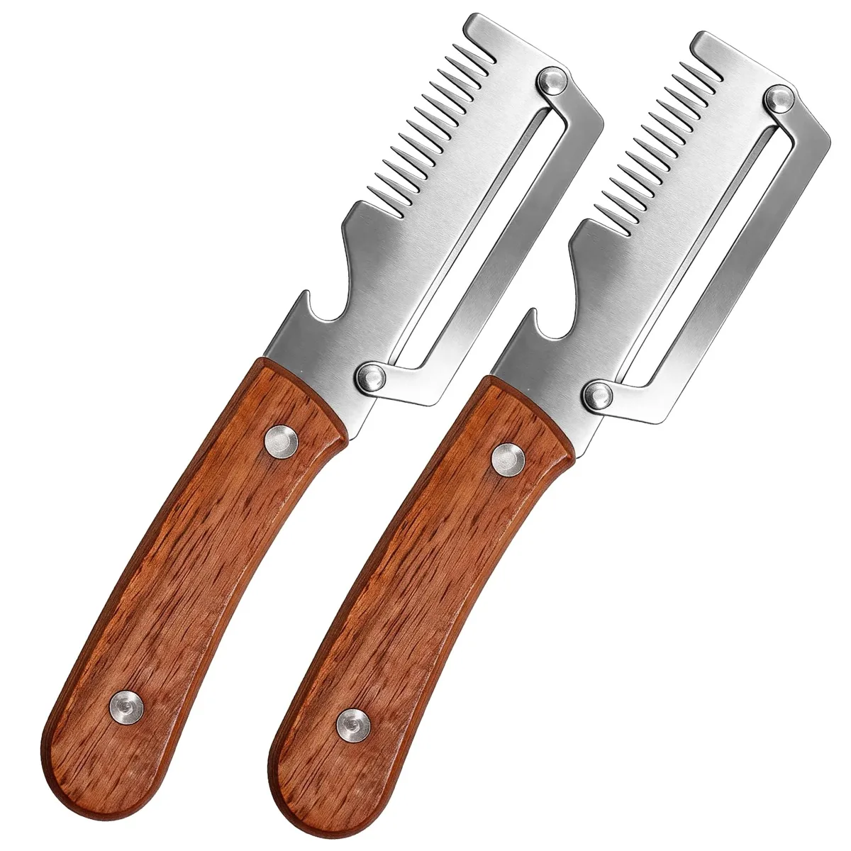 Two stainless steel peelers with wooden handles, 7.7 in long