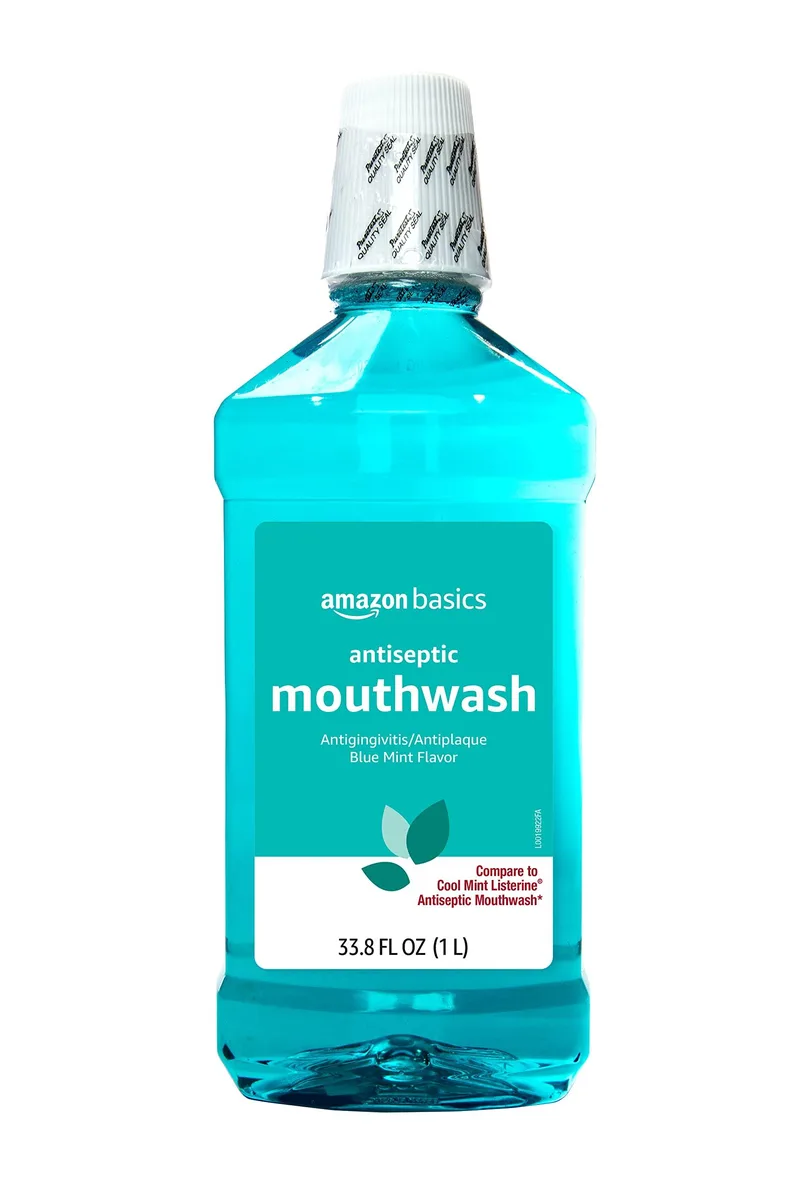 White 33.8 fl oz antiseptic mouthwash bottle with blue mint label