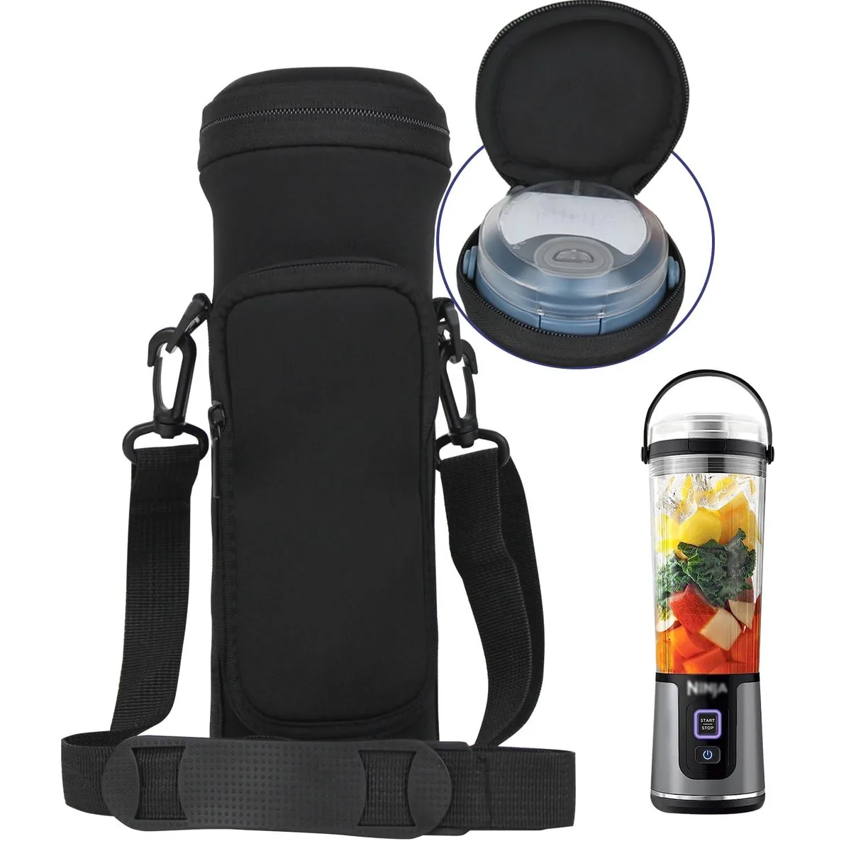 Grey neoprene carrying sleeve for 18oz portable blender with zip lid, adjustable crossbody strap and front pocket