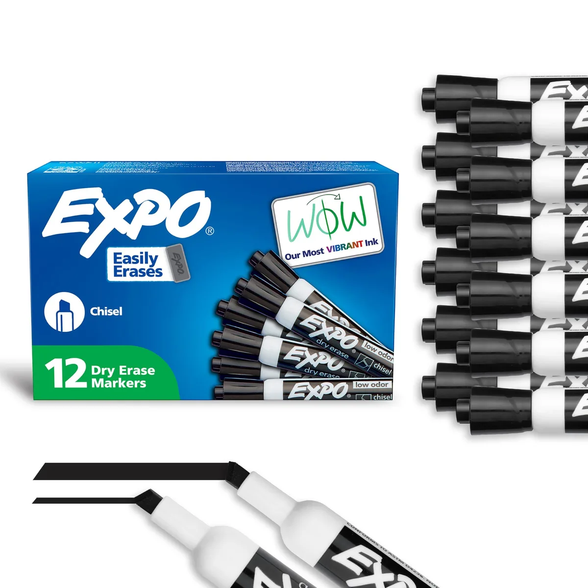 Box of 12 black EXPO dry-erase markers with chisel tips