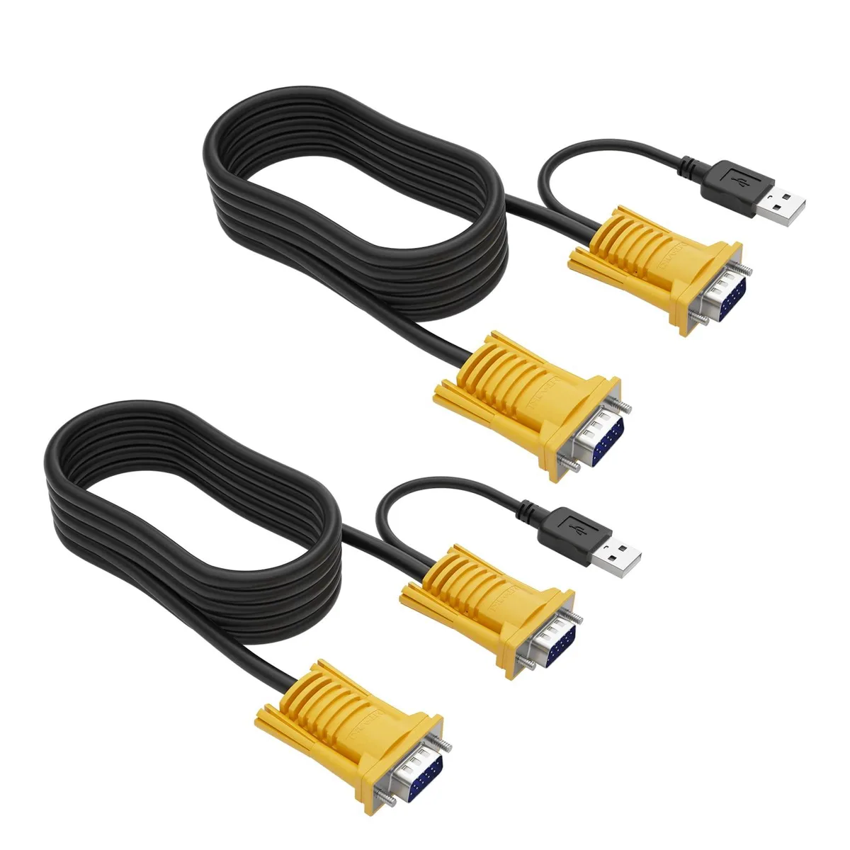 Two black and yellow round cables with VGA and USB male connectors at each end