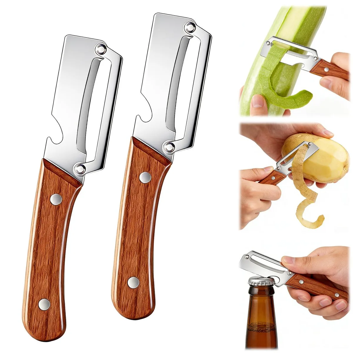 Two stainless steel peelers with wooden handles and built-in bottle openers