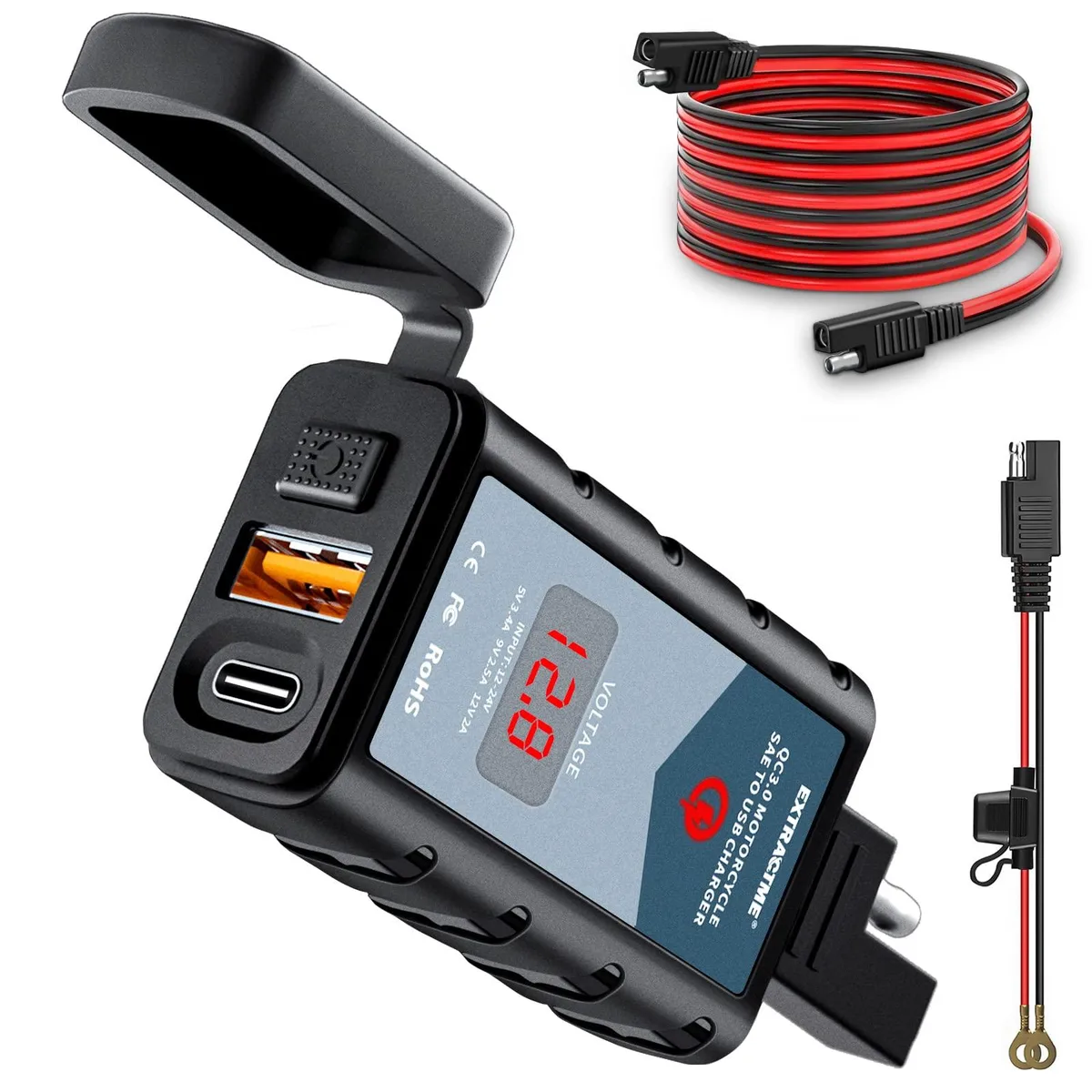  EXTRACTME 6.4A Motorcycle USB Charger 44W USB-C PD QC 3.0 Voltmeter Switch — product photo