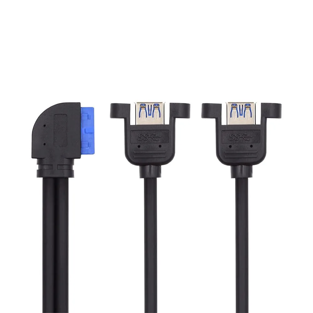 Black 90-degree left-angled 19/20-pin header cable to dual USB 3.0 female screw-mount ports, 25 cm