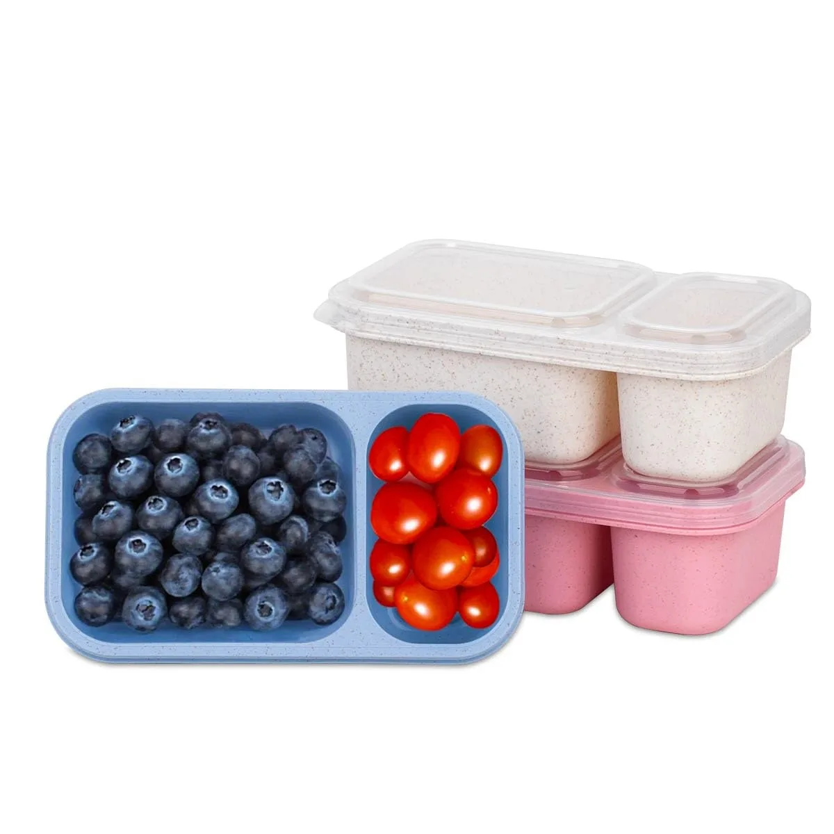 Three red two-compartment snack containers with lids