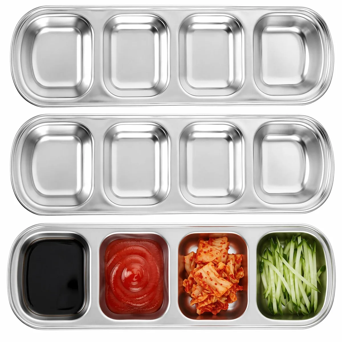 Three clear ceramic dipping trays with four striped compartments each