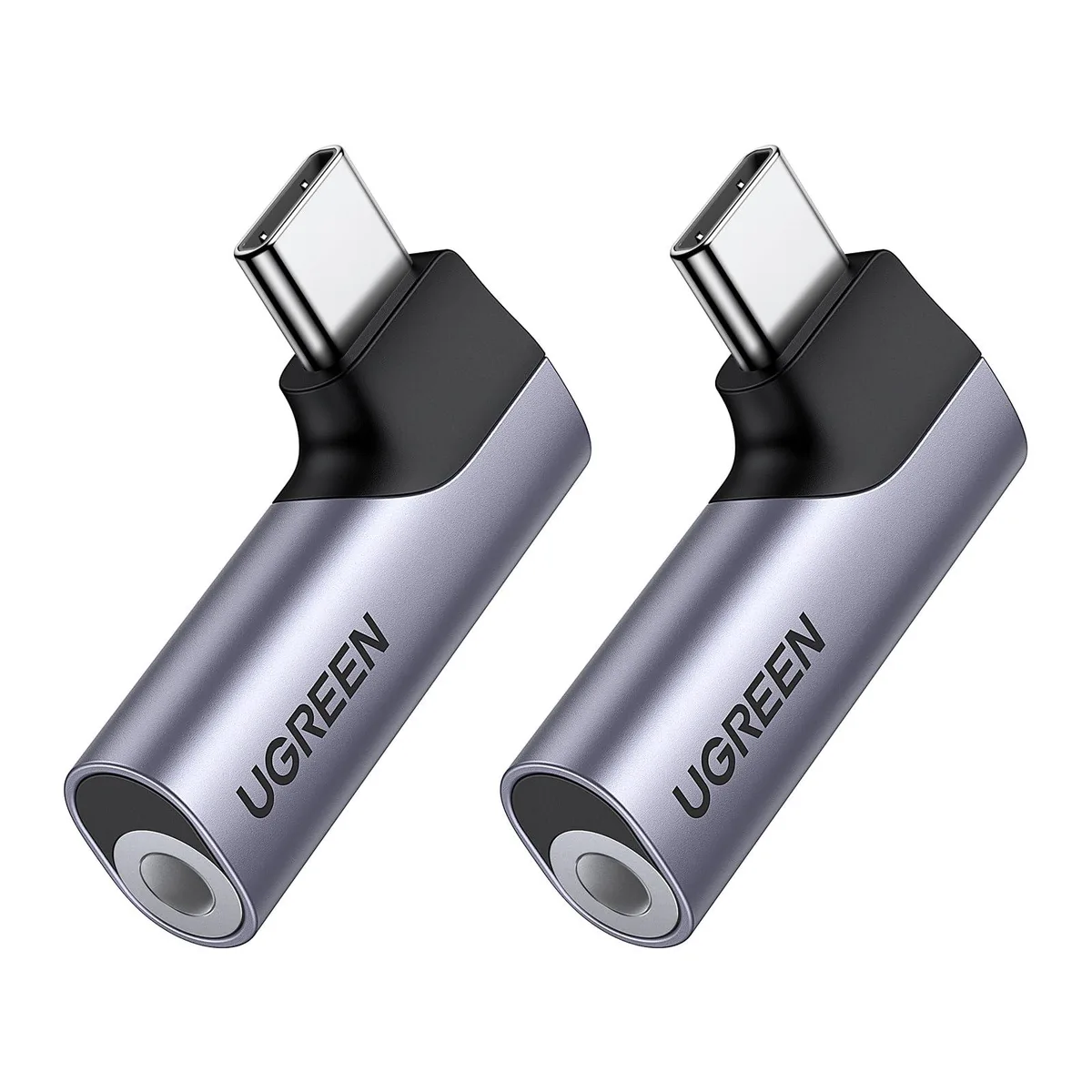 Two gray right-angle USB-C to 3.5 mm audio dongles, aluminum finish