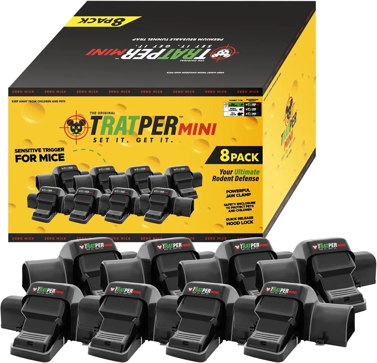 Eight small rectangular plastic mouse traps in a row