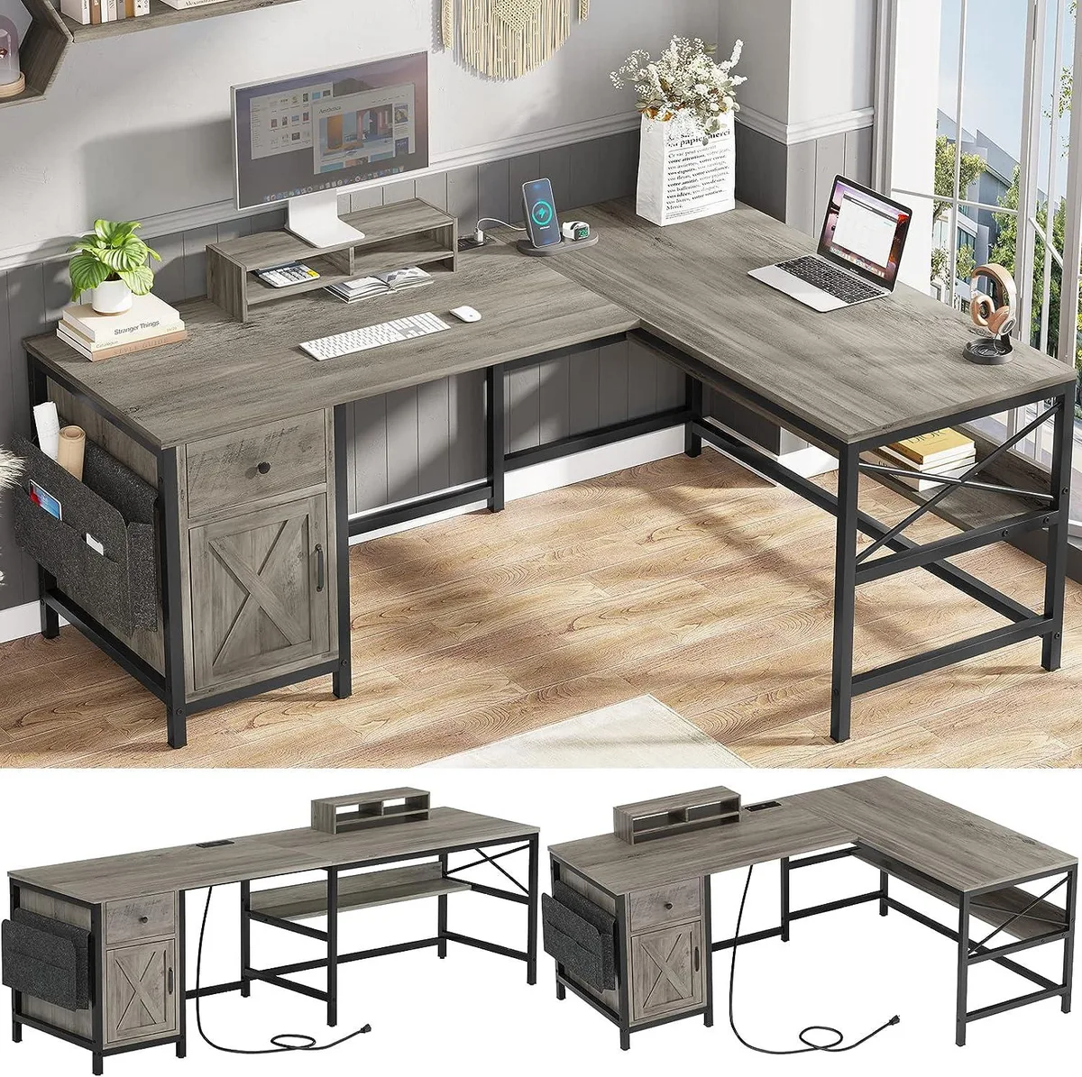 Winait Winait 63" L-Shaped Convertible Desk 86.6" Retro Grey — product photo