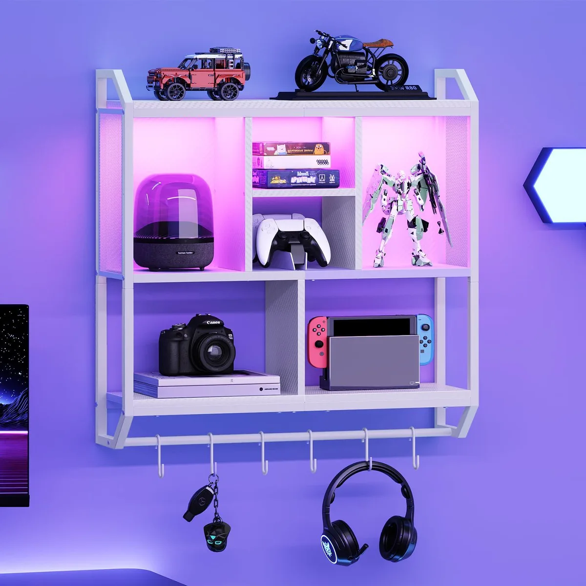  HOOBRO WT70DBJ01 3-Tier LED Gaming Floating Shelves White 28.7 — product photo