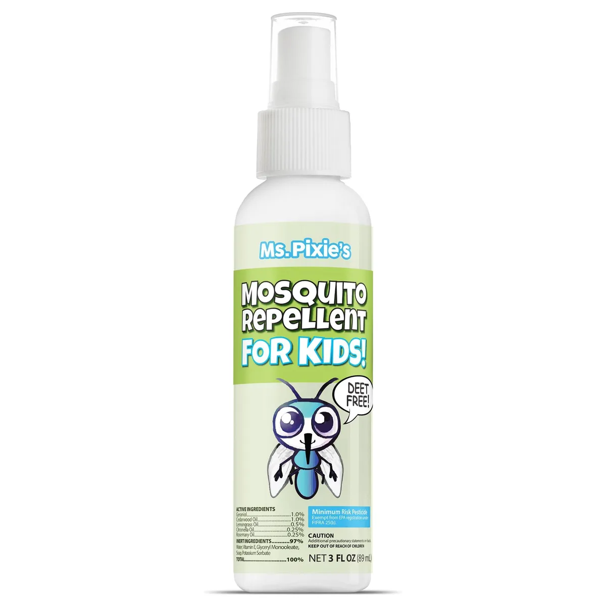 Small white spray bottle with blue label, 3oz mosquito repellent for kids