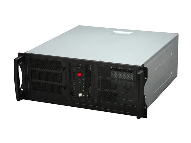 Silver 4U rackmount server chassis with three 5.25 inch front drive bays, one 3.5 inch bay, single 120mm fan, sturdy side handles