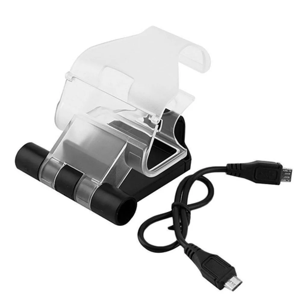 Black plastic phone clamp attached to a PS4 controller