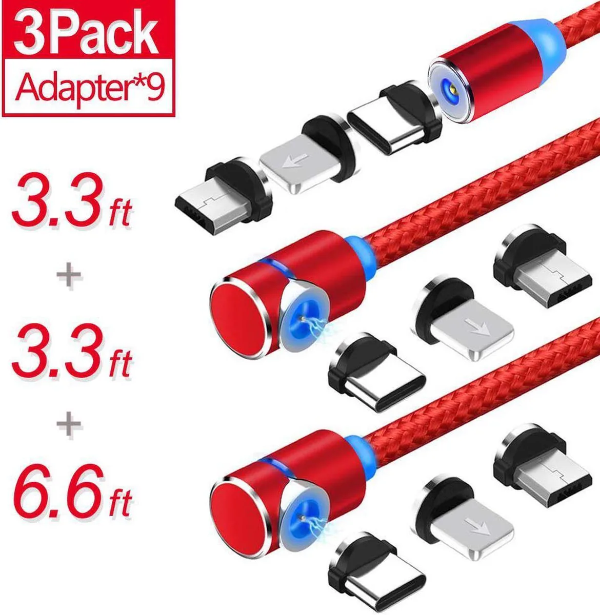 SMUGDESK SMUGDESK Magnetic 3-in-1 USB Cable 3-Pack (3.3/3.3/6.6 ft, 2.4A, Red) — product photo