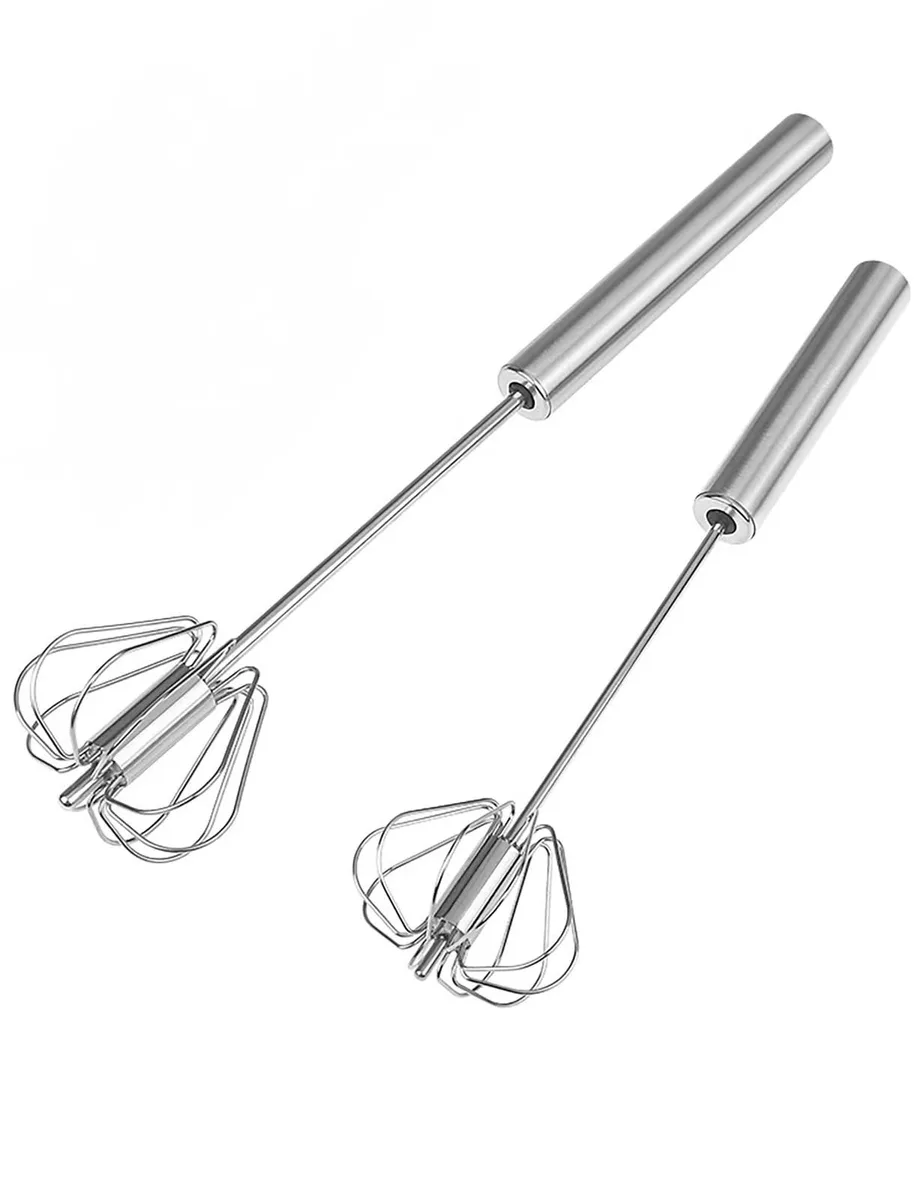 Two stainless steel semi-automatic whisks with push-down handles, 12 inch length