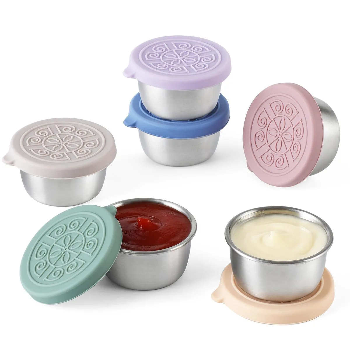 Six small stainless steel cups with red silicone lids