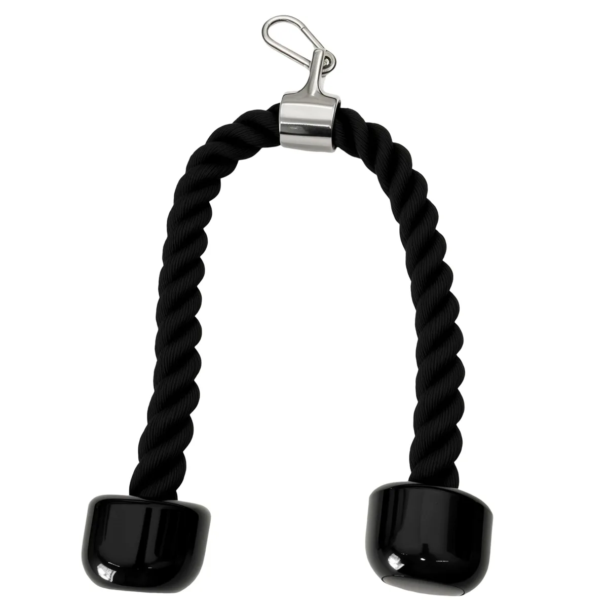 Black nylon tricep rope with sliding metal ring, thick rubber handles, steel carabiner, 2.0 inch screen