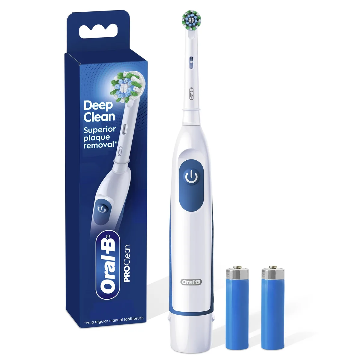 White battery-powered Oral-B Pro 100 toothbrush with Precision Clean brush head